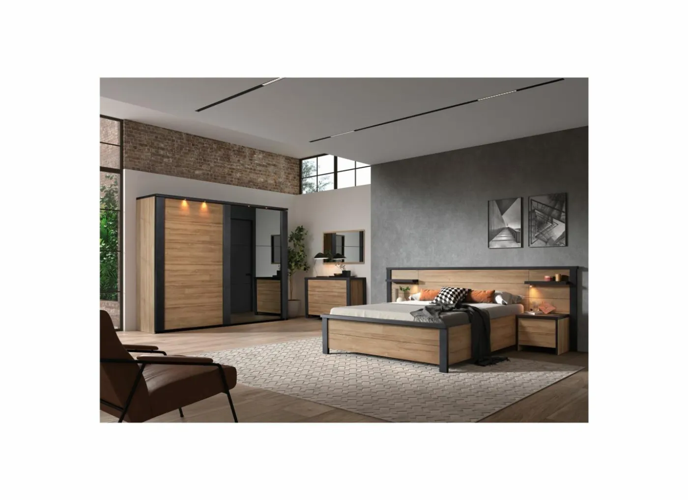 Bed 160x200cm - decor - Franse eik & nox met zijwanden