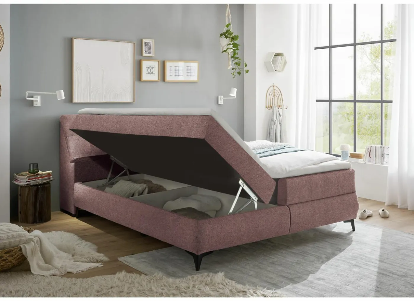 Bedbox Atlantis 160x200cm - stof - flamingo met opbergruimte