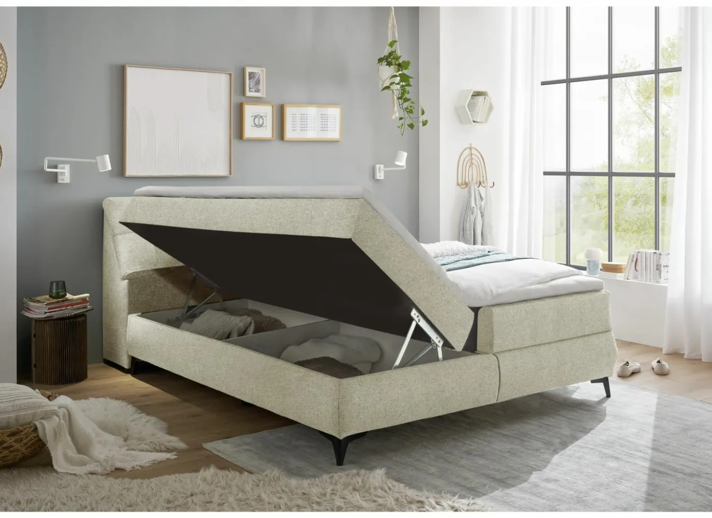 Bedbox Atlantis 160x200cm - stof - ivoor met opbergruimte