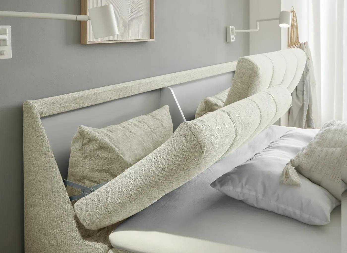 Bedbox Atlantis 160x200cm - stof - ivoor met opbergruimte
