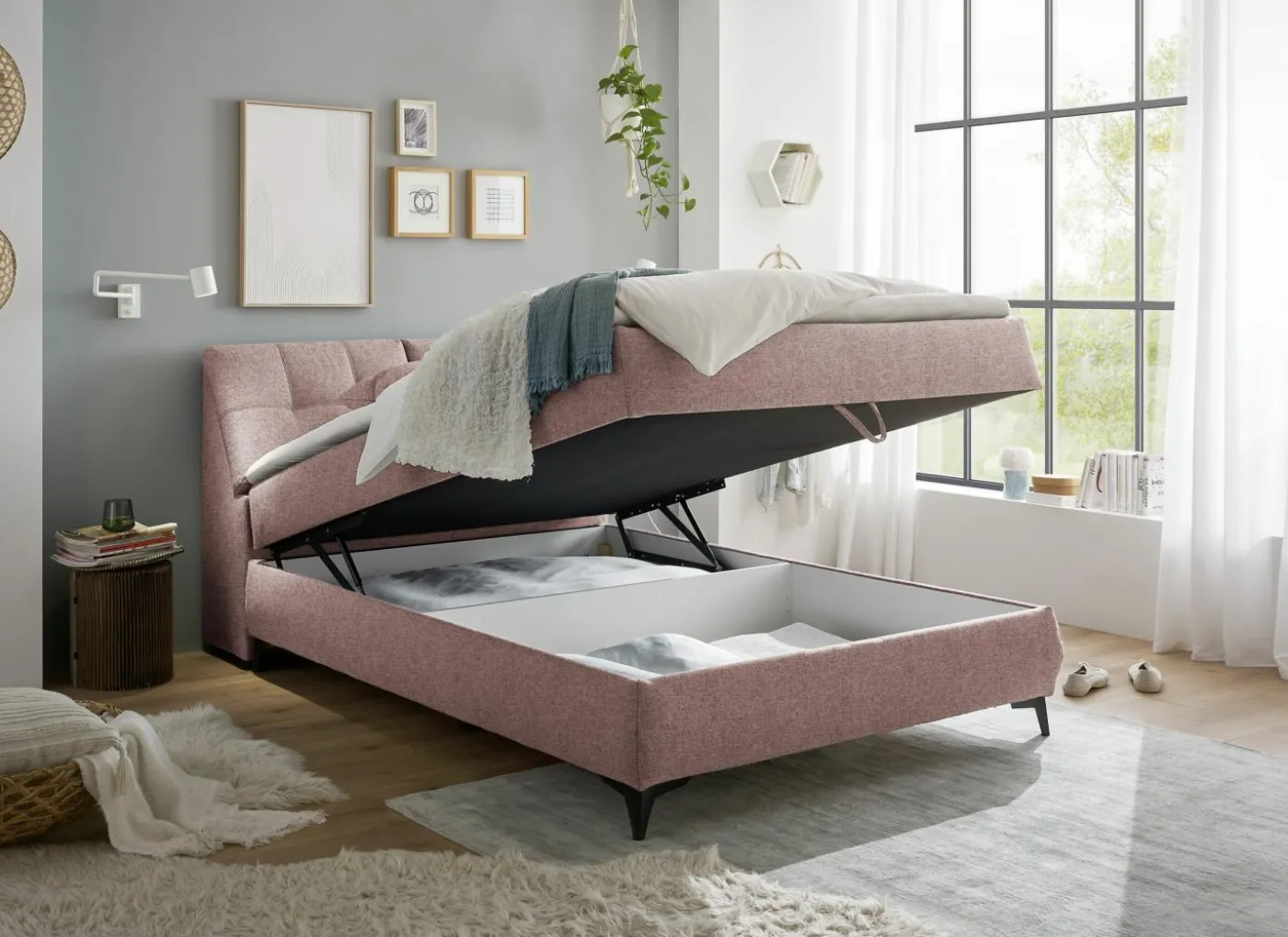 Bedbox Atlantis 140x200cm - stof - flamingo met opbergruimte