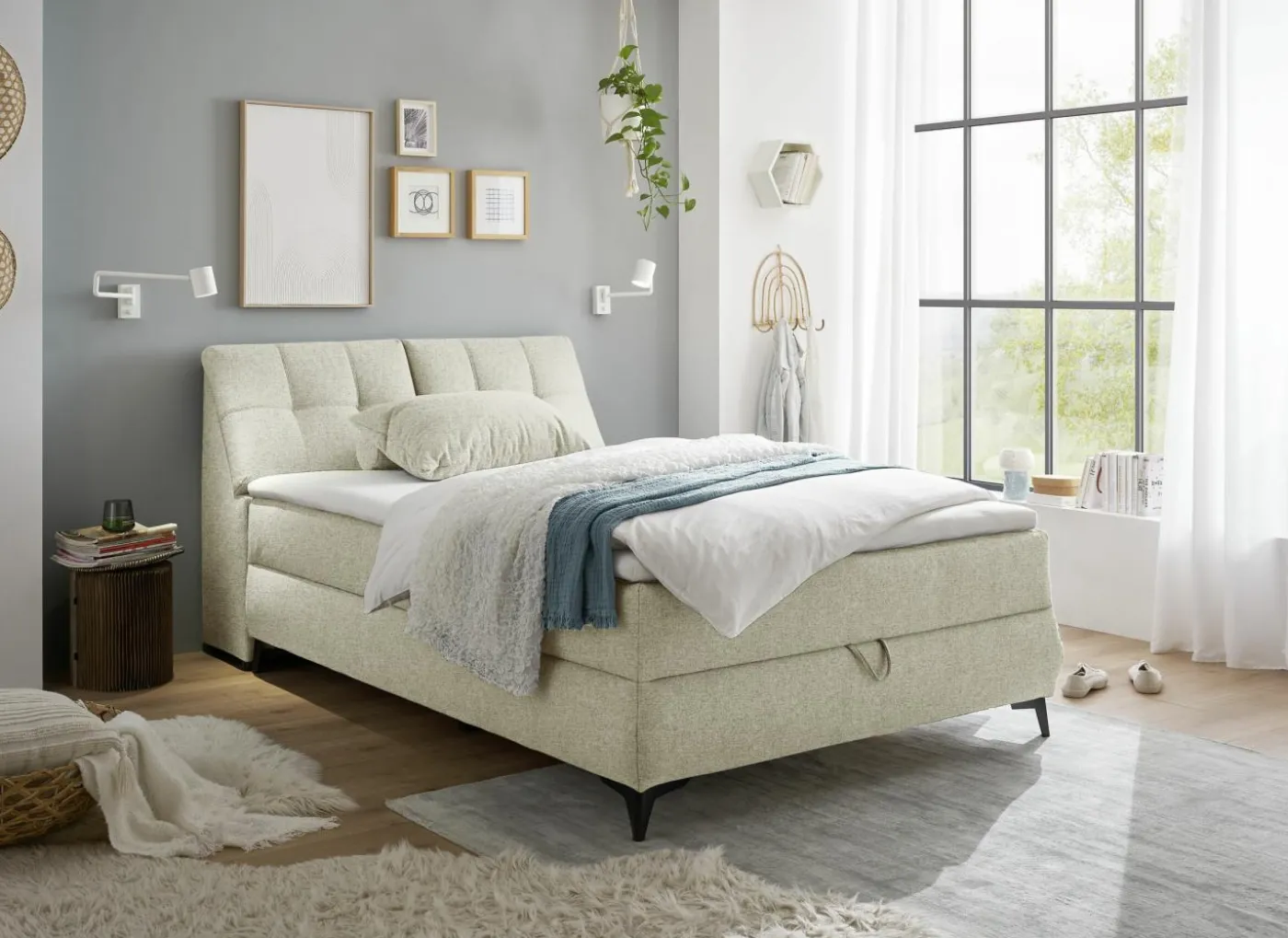 Bedbox Atlantis 140x200cm - stof - ivoor met opbergruimte