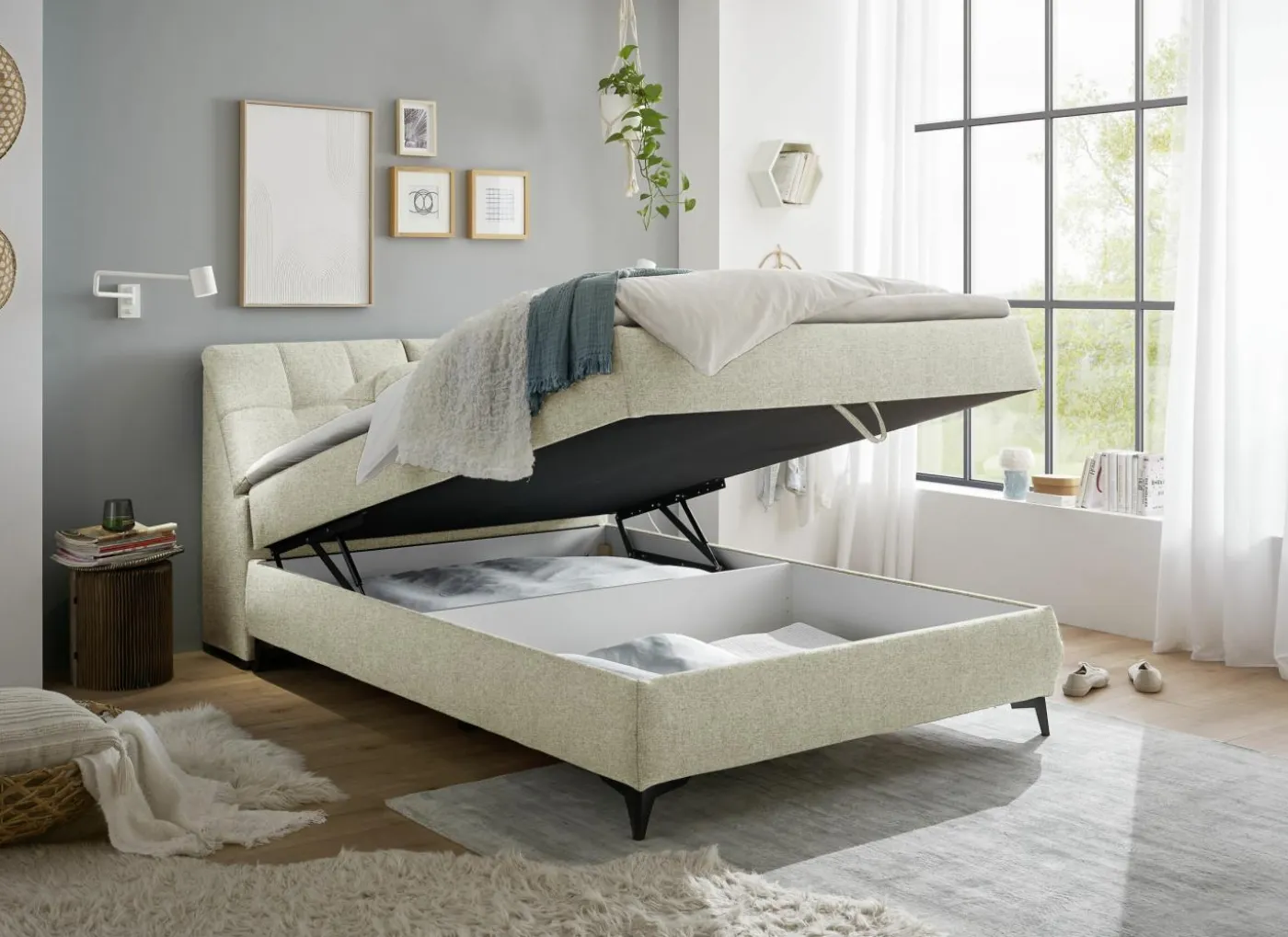 Bedbox Atlantis 140x200cm - stof - ivoor met opbergruimte