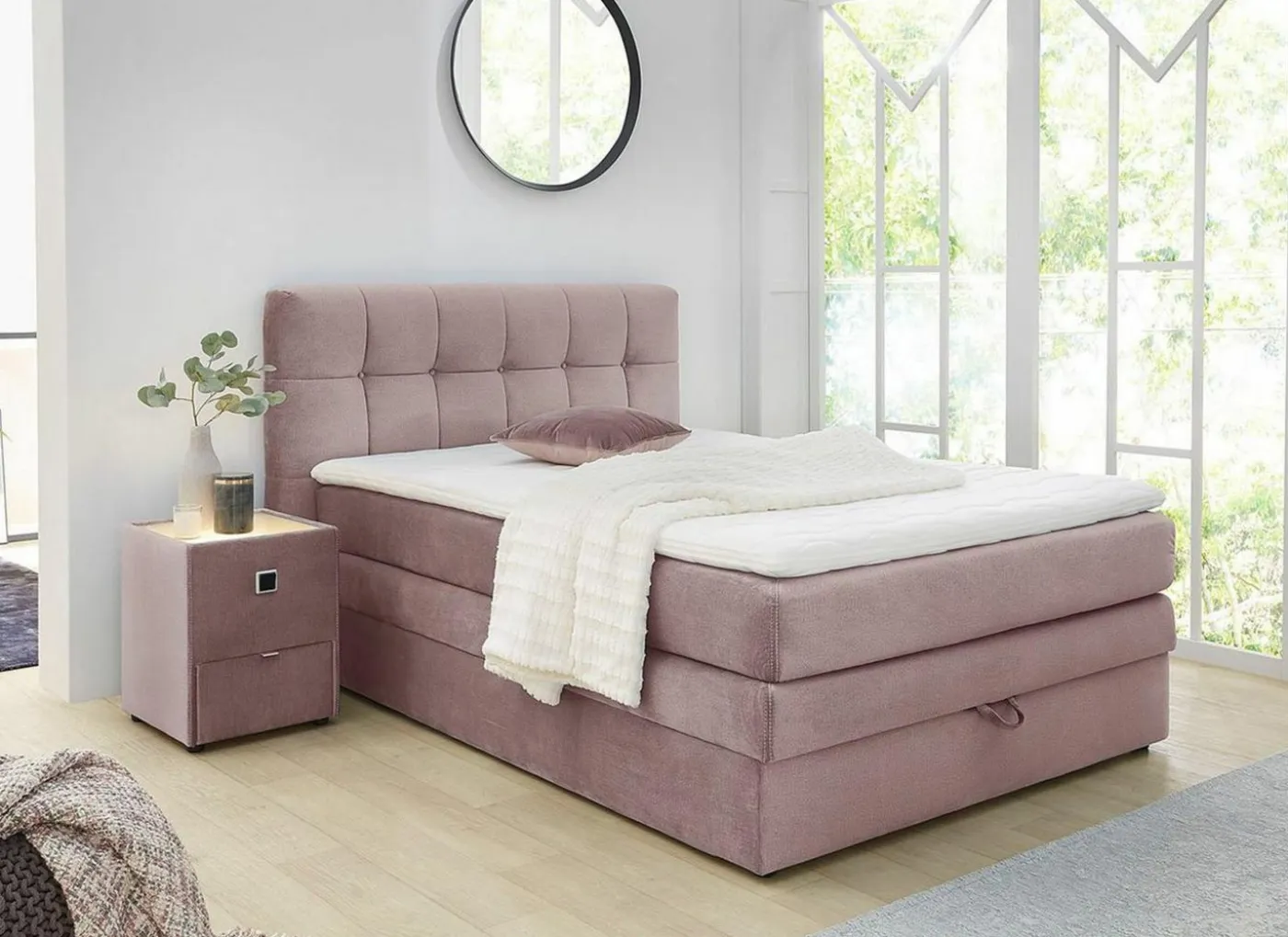 Boxspring Amy 140x200cm - stof - roze met opbergruimte