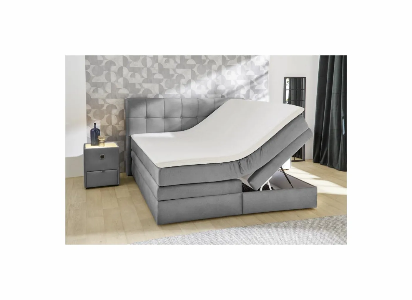 Boxspring Amy 180x200cm - stof - grijs met opbergruimte