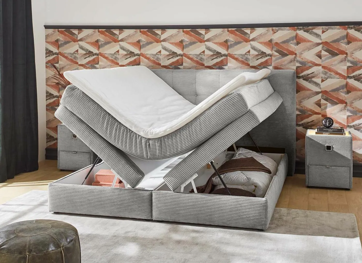 Boxspring Amy 180x200cm - stof - lichtgrijs met opbergruimte
