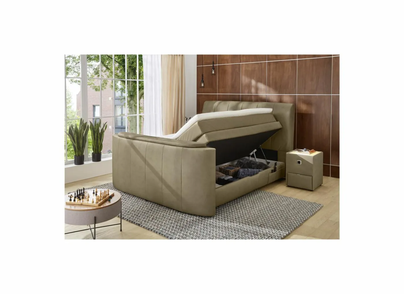 Boxspring Belair Max 180x200cm - stof - modder met tv-lift en opbergruimte
