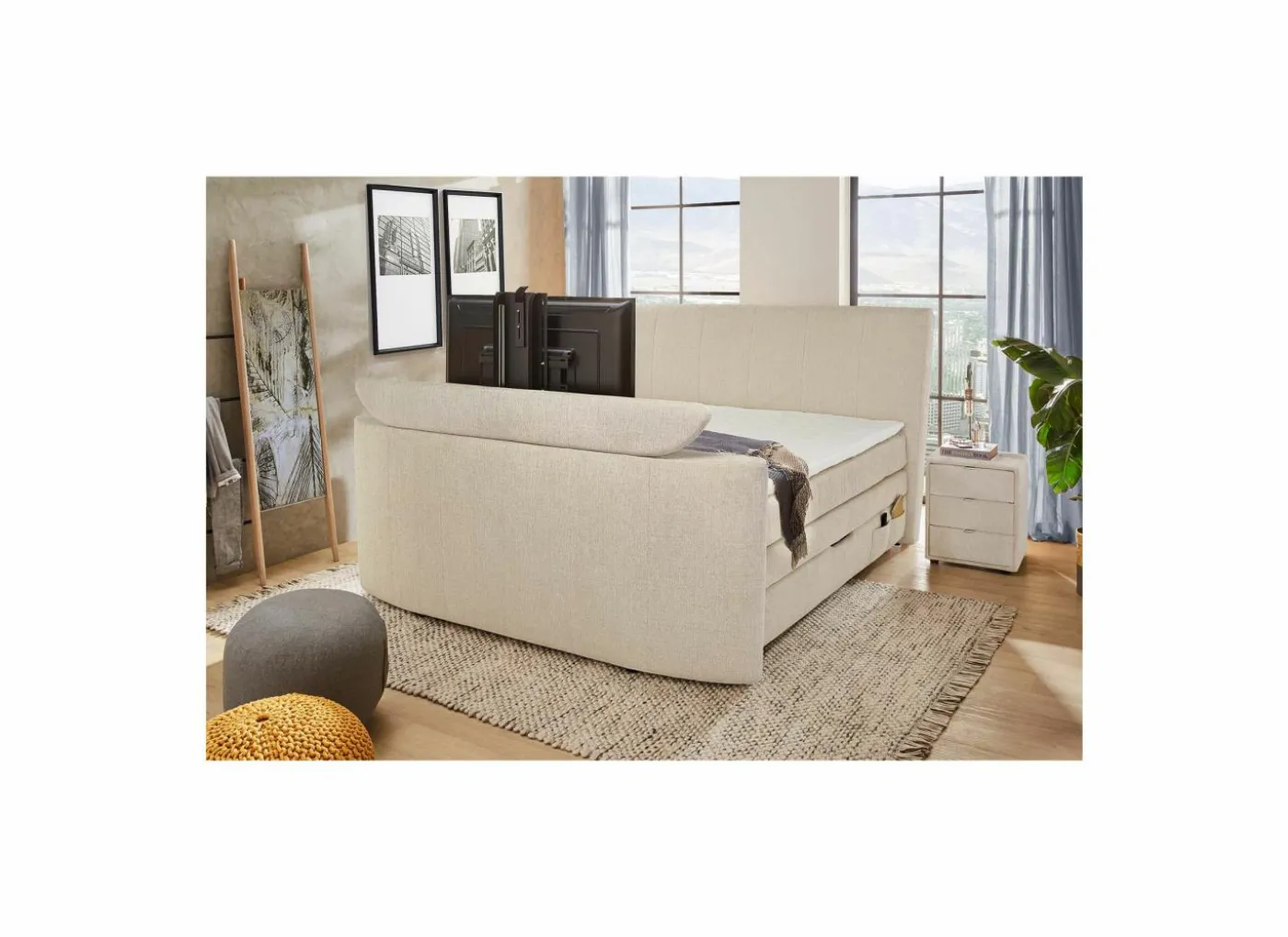 Boxspring Belair Max 180x200cm - stof - beige met tv-lift en opbergruimte
