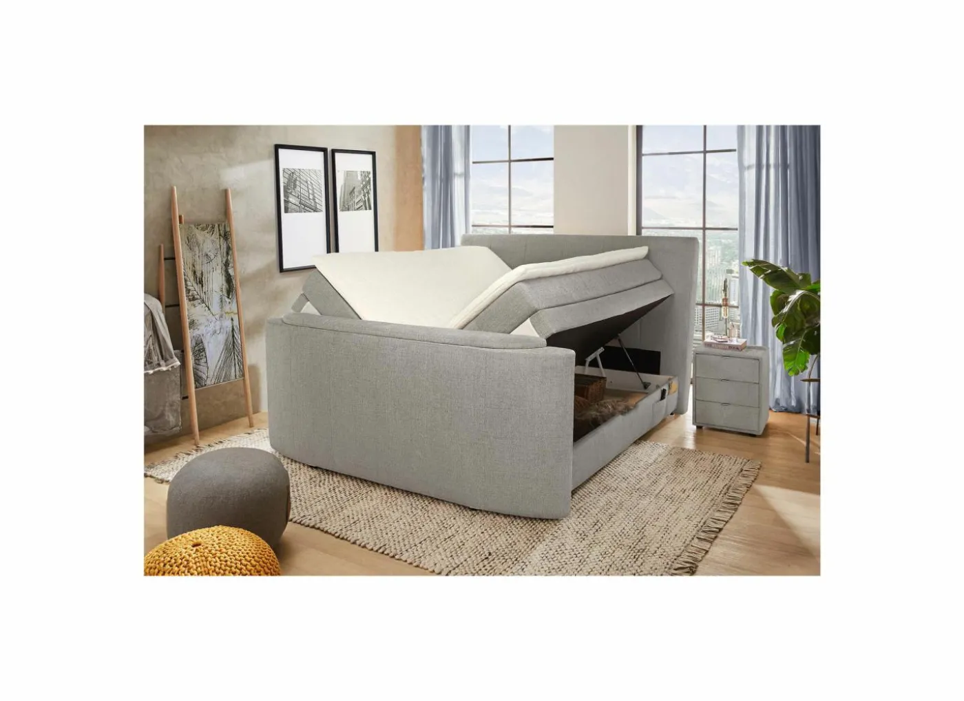 Boxspring Belair Normal 180x200cm - stof - lichtgrijs met tv-lift en opbergruimte