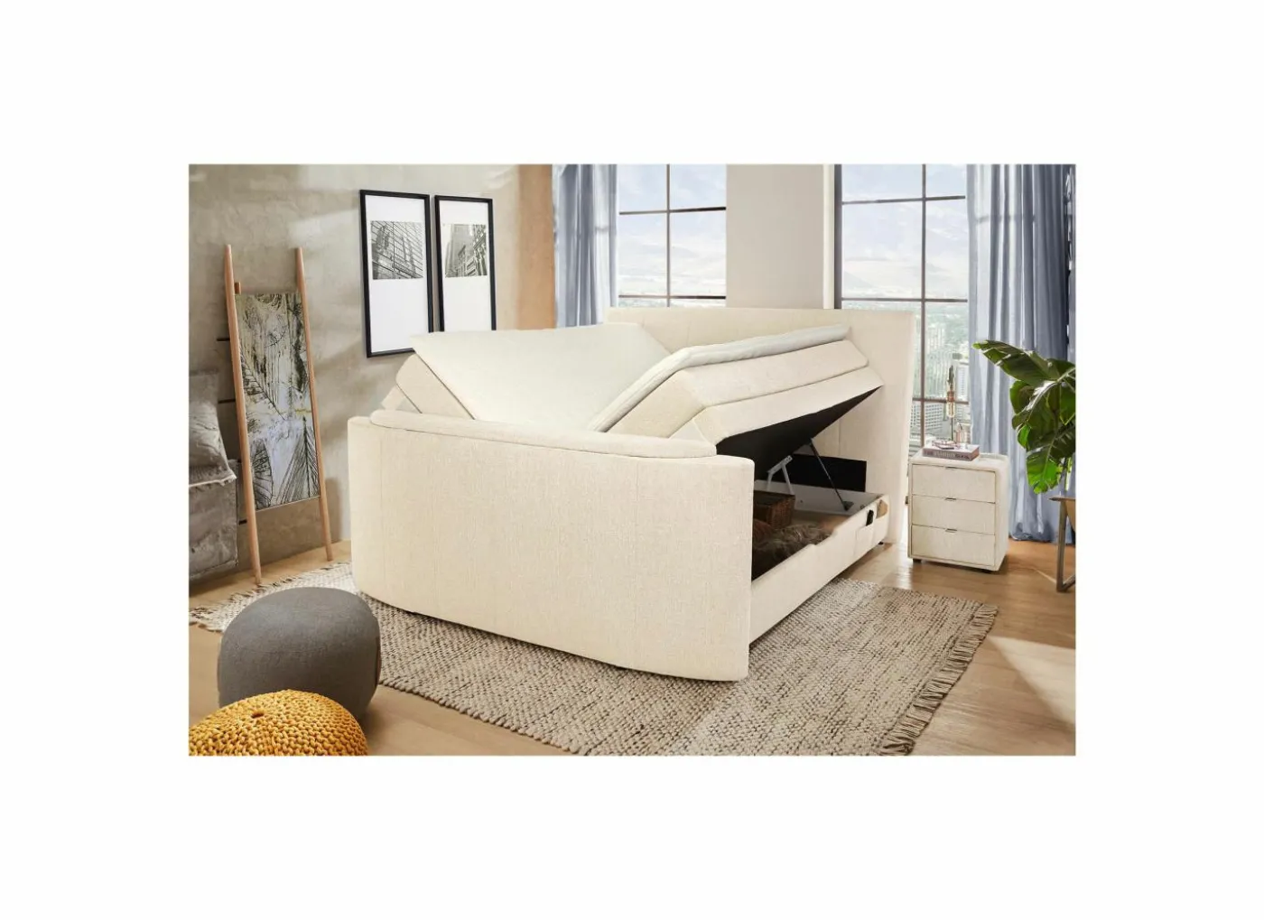 Boxspring Belair Normal 180x200cm - stof - ecru met tv-lift en opbergruimte