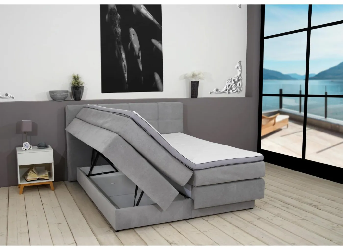 Boxspring BX2110 Portage 160x200cm - stof - lichtgrijs met opbergruimte