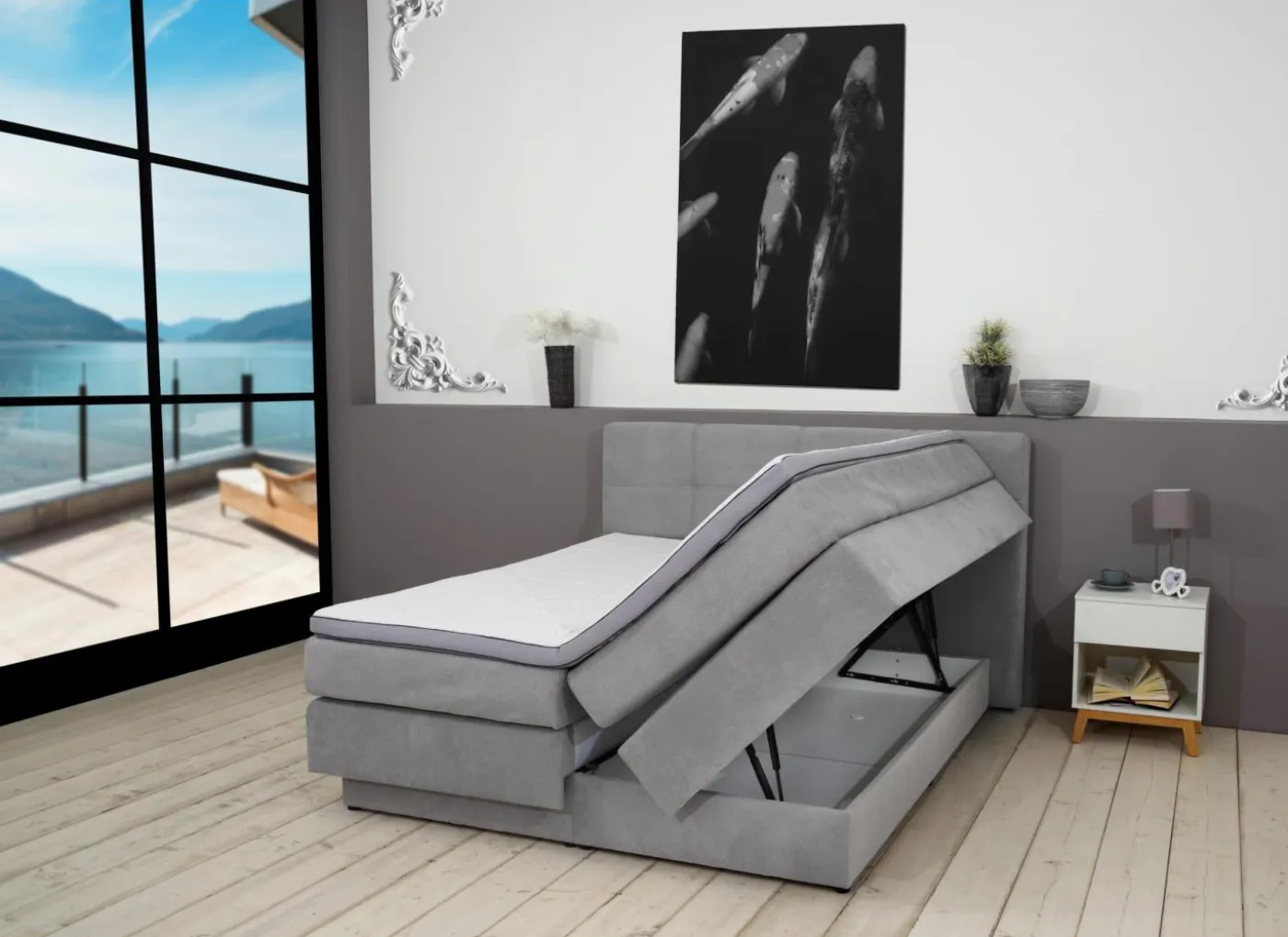 Boxspring BX2110 Portage 180x200cm - stof - lichtgrijs met opbergruimte