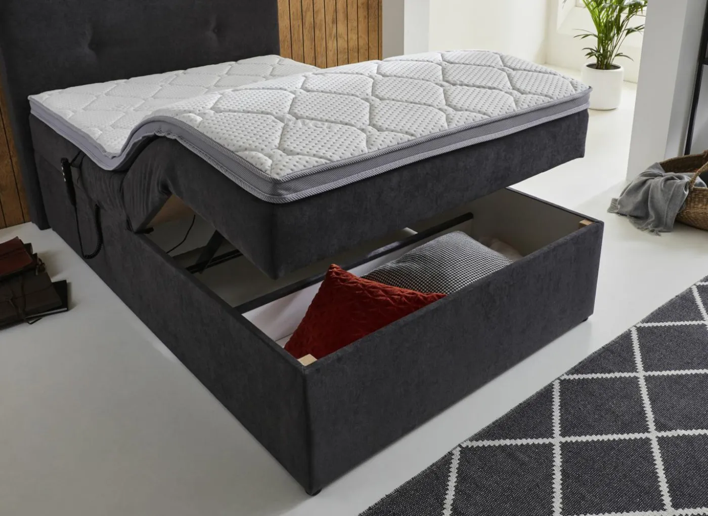 Boxspring BX1880 120x200cm - stof - grijs met opbergruimte