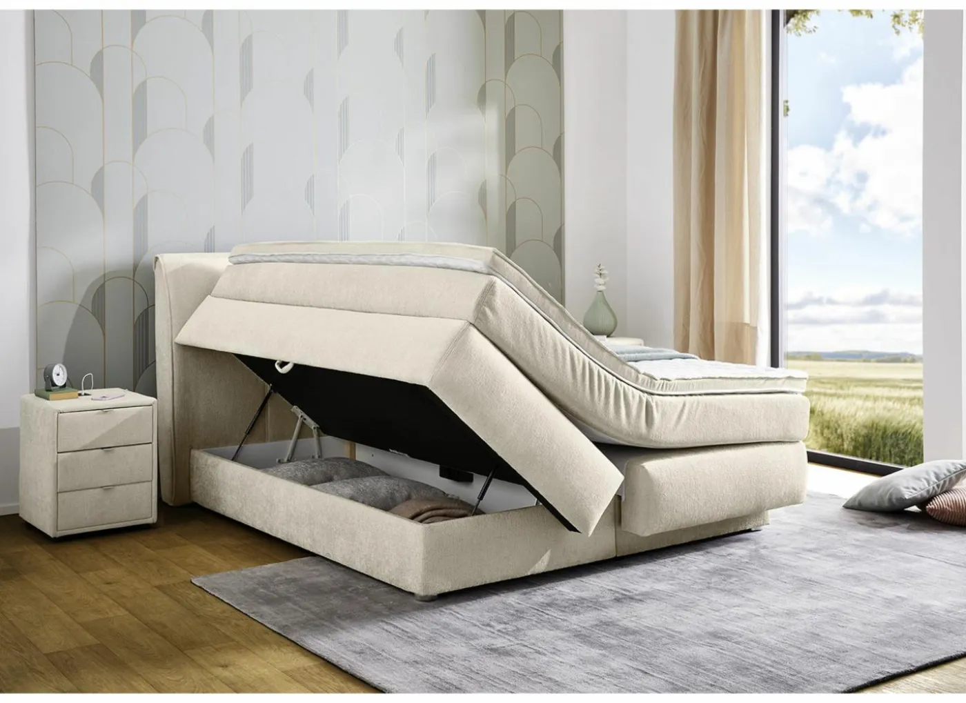 Boxspring Caren Max 160x200cm - stof - ecru met opbergruimte
