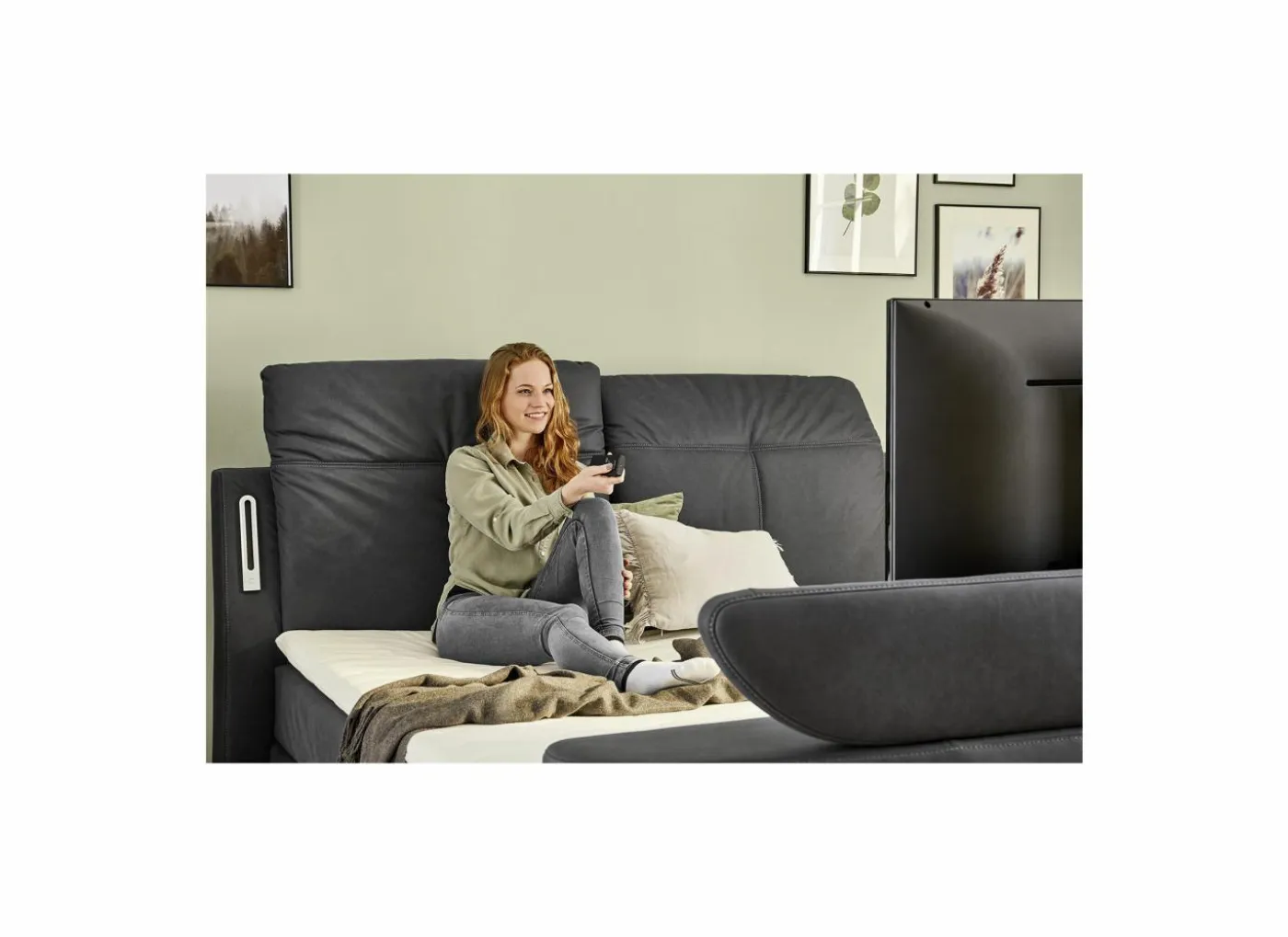 Boxspring Moviestar Max 180x200cm - stof - donkergrijs met tv-lift