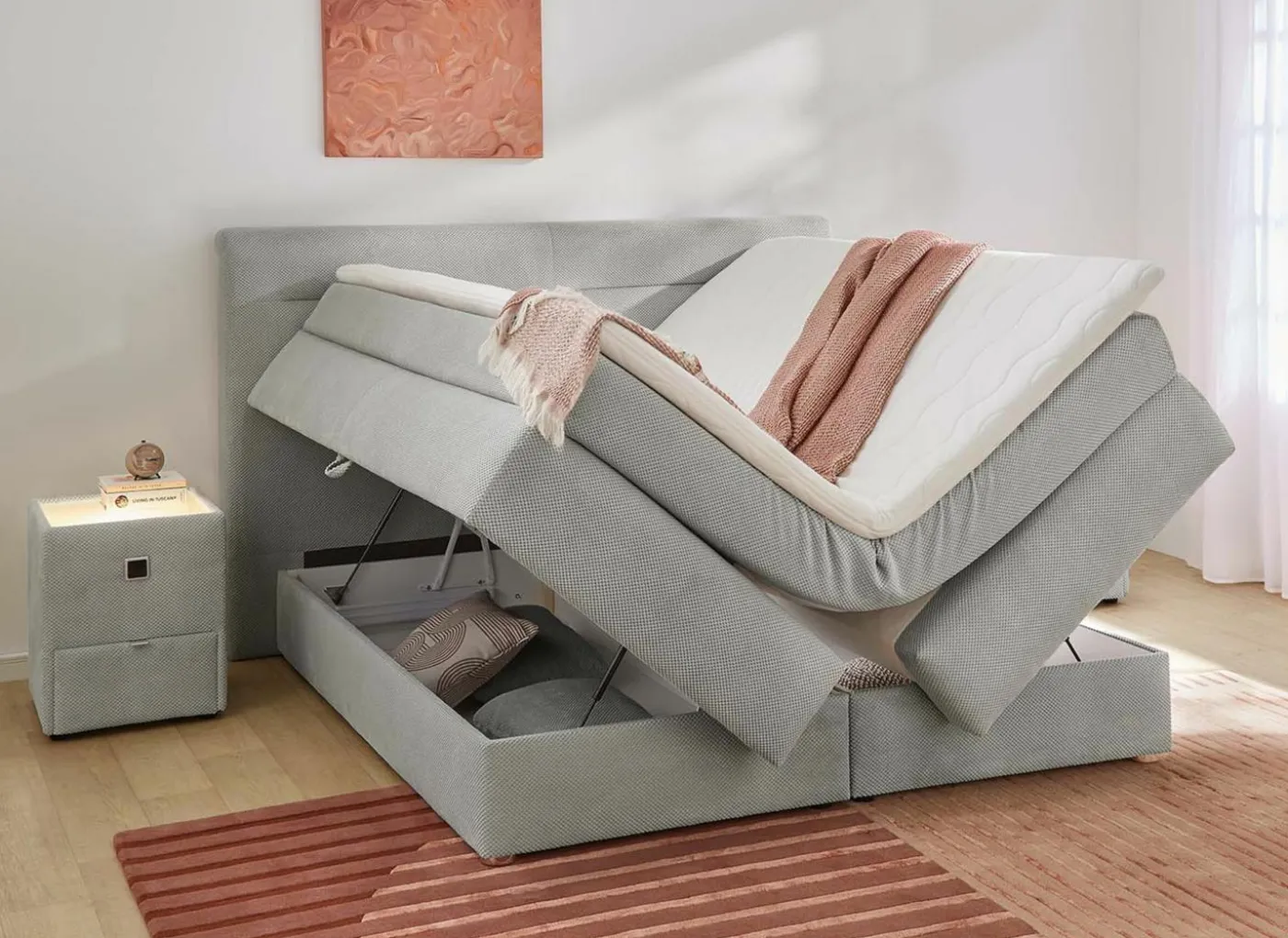 Boxspring Simone 180x200cm - stof - lichtgrijs met opbergruimte