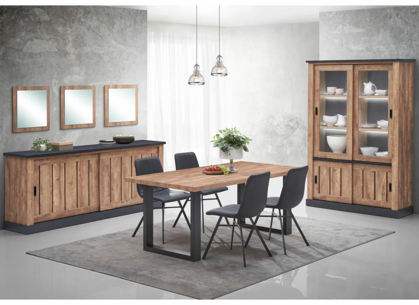 Dressoir Etienne 221cm - decor - industriële eik & zwart