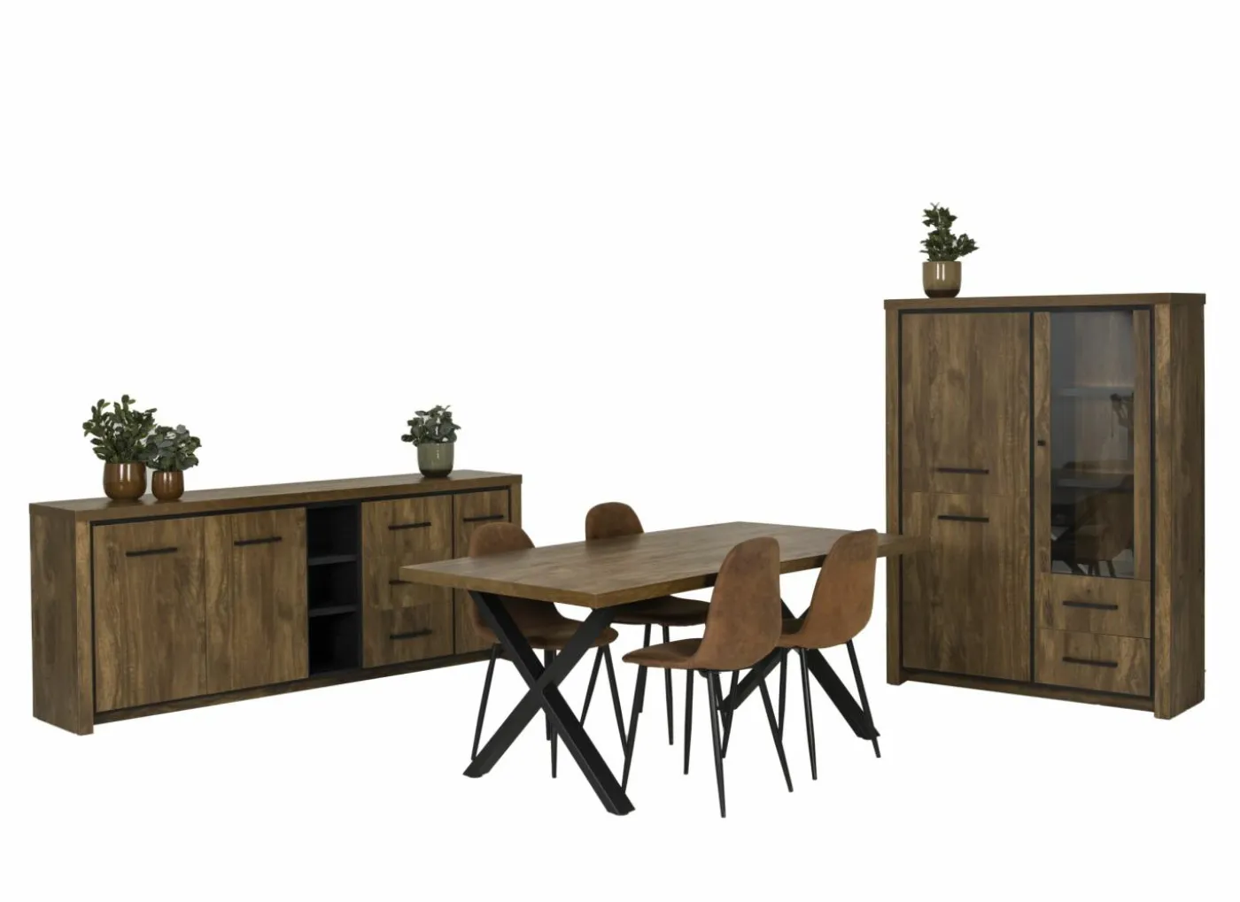 Eetkamer Ensor met 4 stoelen Speech - tafel 190x95cm - dressoir 230cm - vitrinekast 125cm