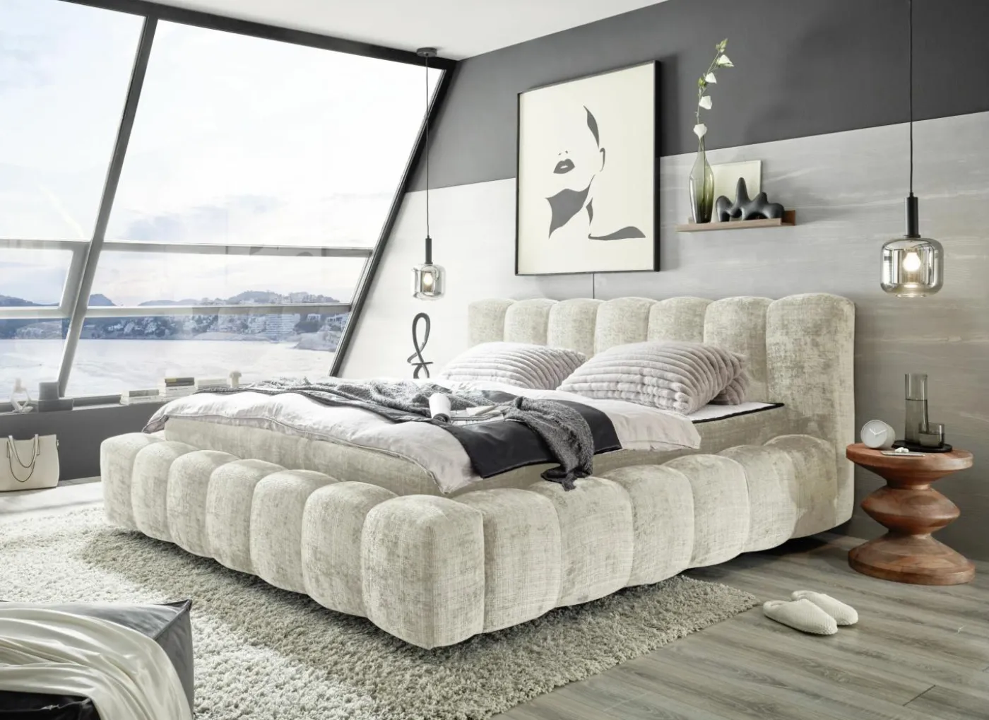 Gestoffeerd bed Bexley 160x200cm - stof - ivoor inclusief bodem en matras