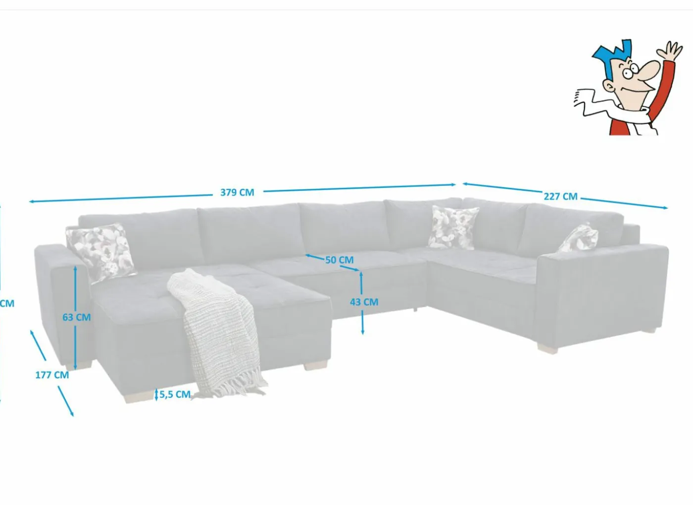 Hoeksalon Brixen 379x227cm - stof - blauw met bedfunctie
