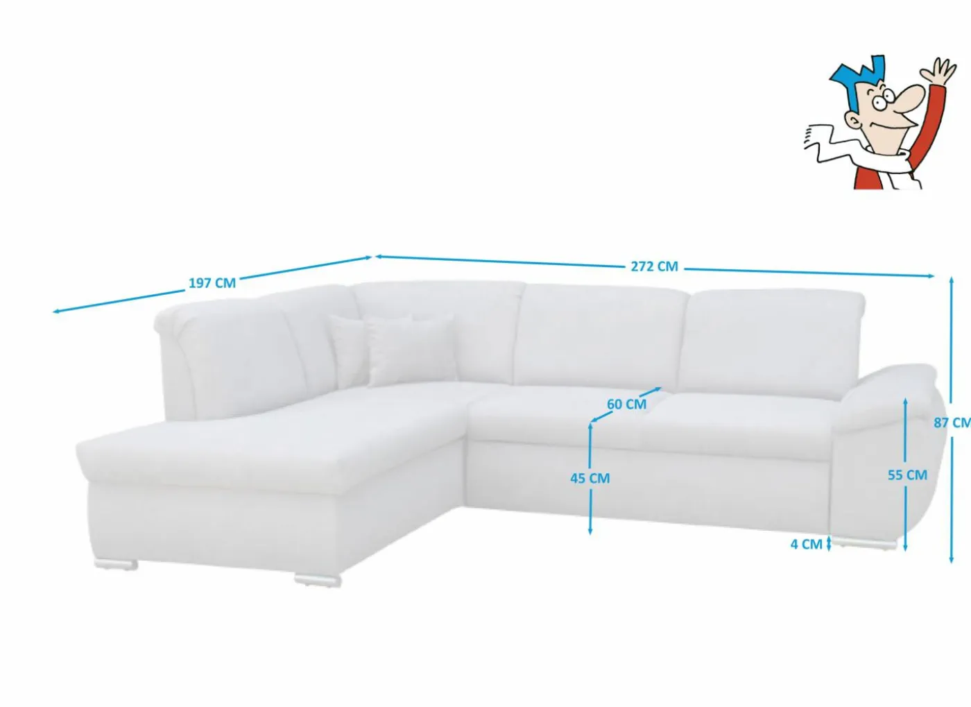 Hoeksalon Caro 272x197cm - stof - middengrijs met bedfunctie en opbergruimte
