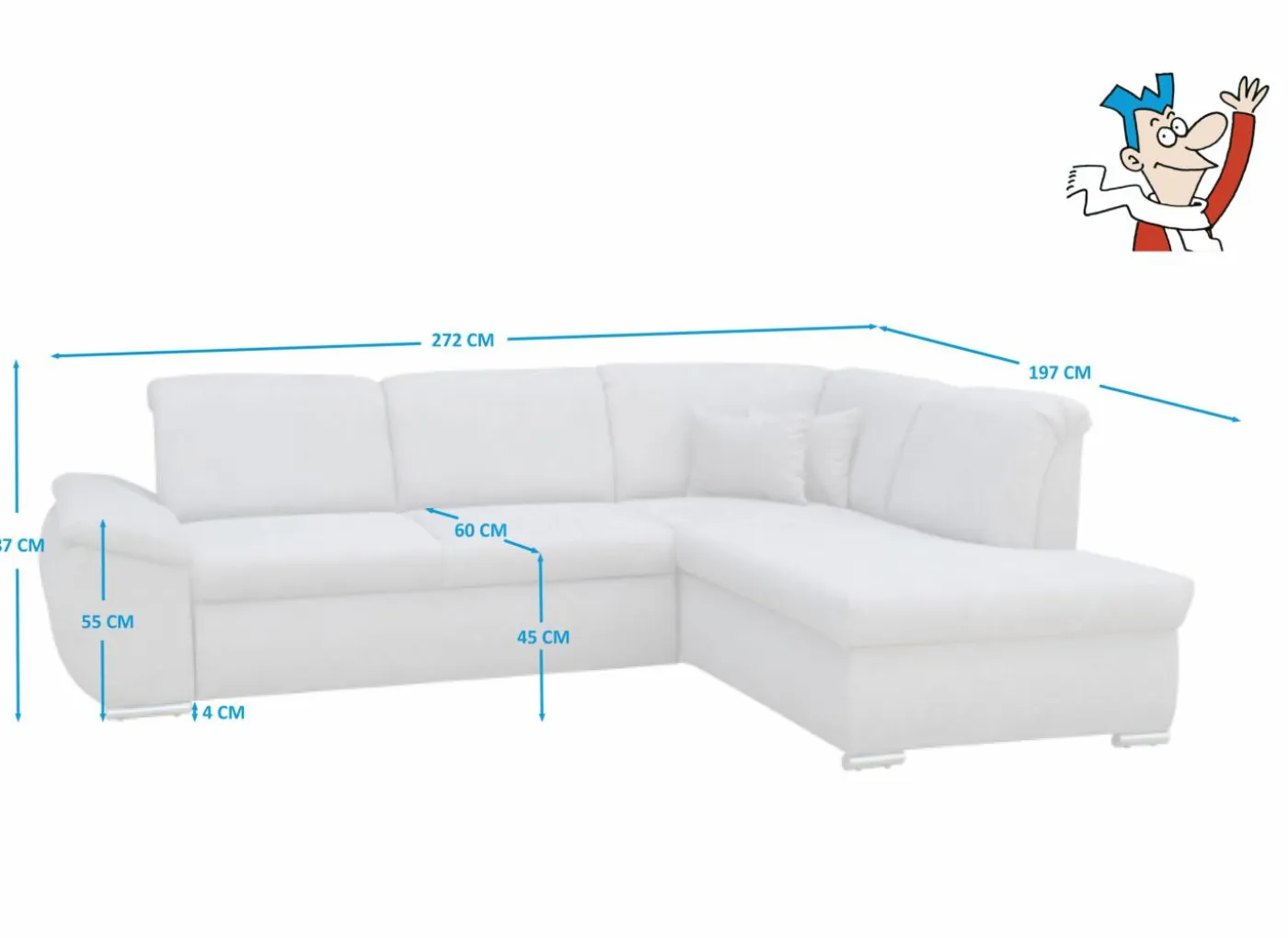 Hoeksalon Caro 272x197cm - stof - middengrijs met bedfunctie en opbergruimte