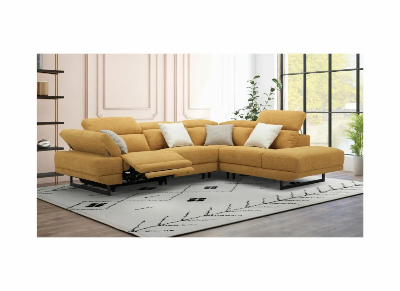 Hoeksalon Exeter 299x240cm - stof - chacha geel met relax