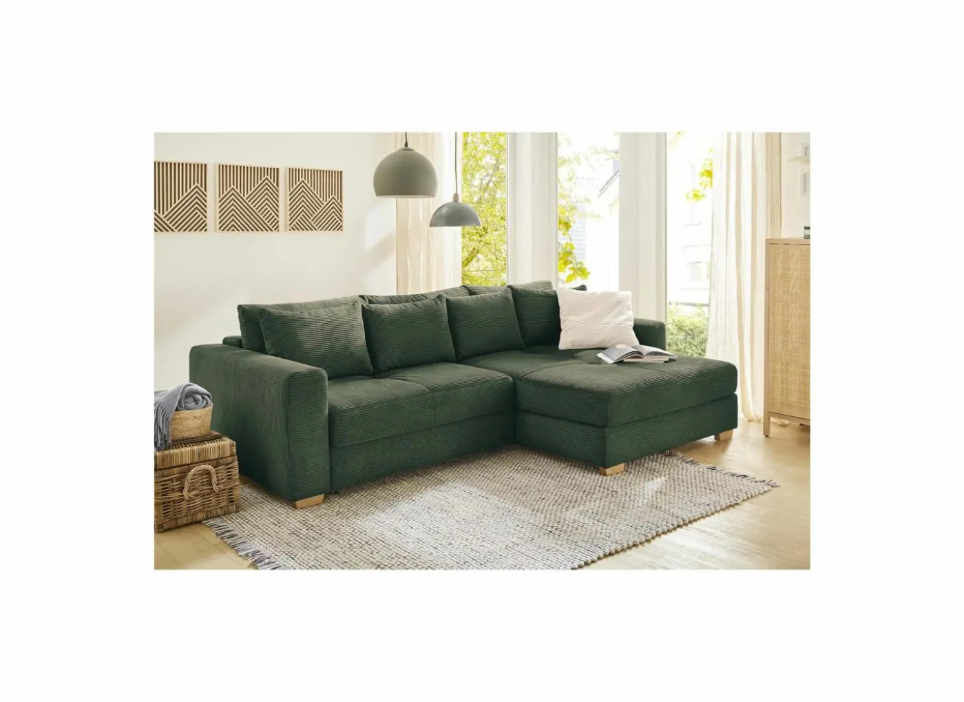 Hoeksalon Kampen 288x186cm - stof - groen met bedfunctie & opbergruimte