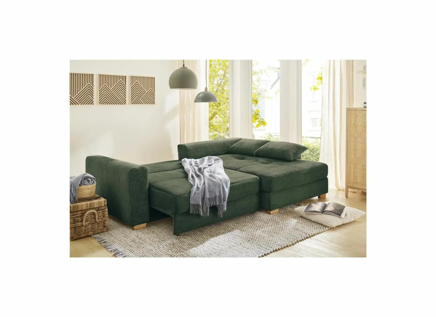 Hoeksalon Kampen 288x186cm - stof - groen met bedfunctie & opbergruimte