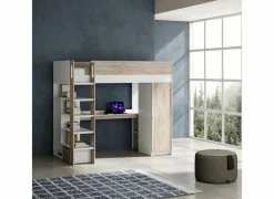Hoogslaper Evora 90x200cm - decor - ivory oak & wit met bureau en opbergruimte