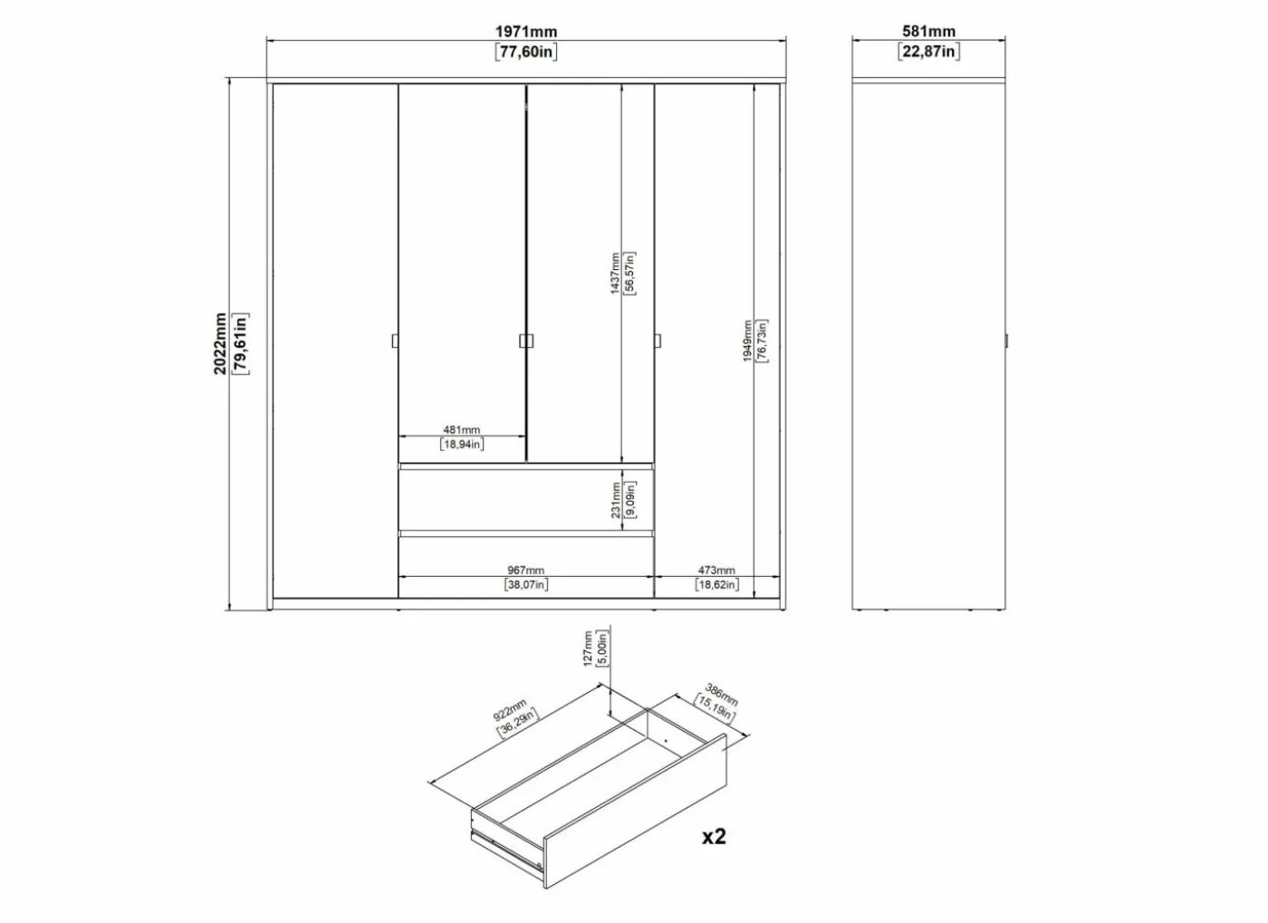 Kleerkast Next 197x58x202cm - decor - wit & jackson hickory