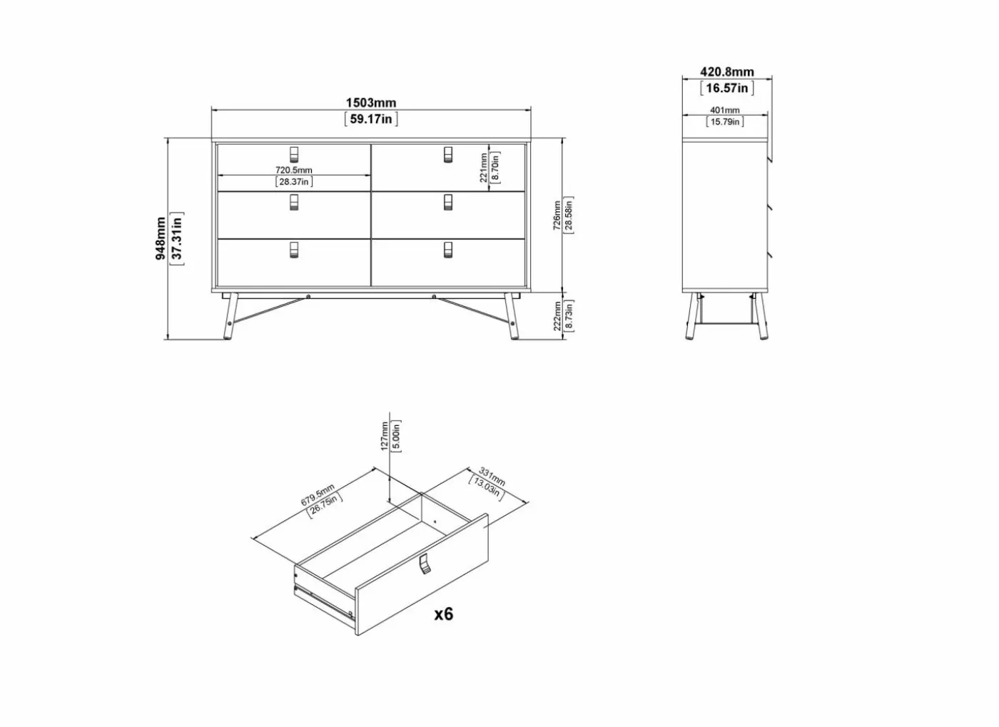 Ladekast Ry 151x41x95cm - decor - mat zwart/okkernoot