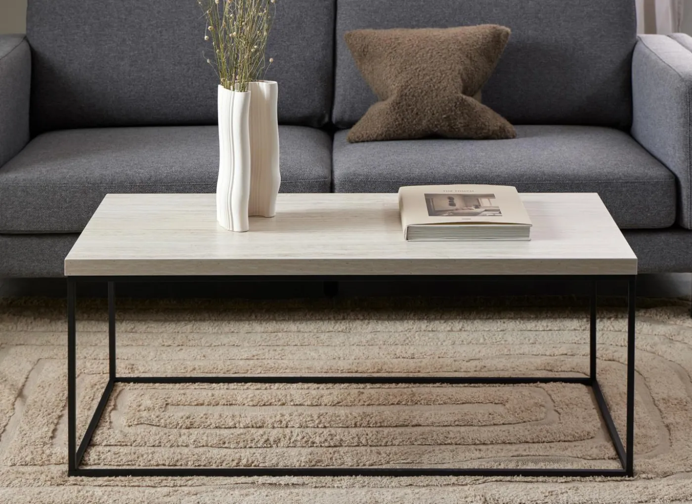 Salontafel 110x55x45cm - decor & staal - travertijn look & zwart