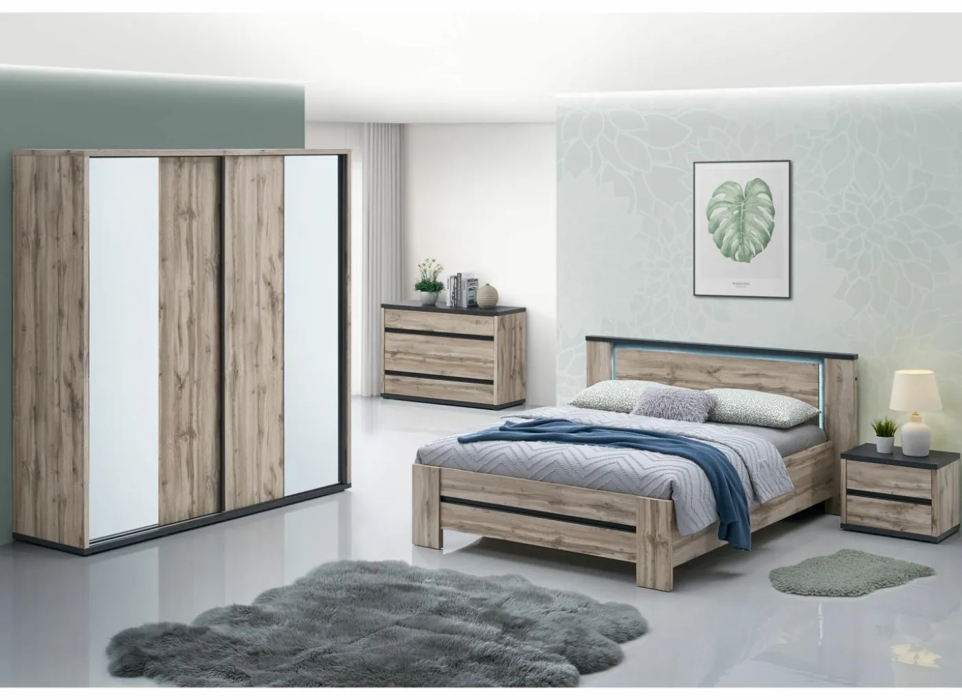 Slaapkamer Elvira met bed 180cm - kleerkast 200cm - commode 110cm en 2 nachtkastjes