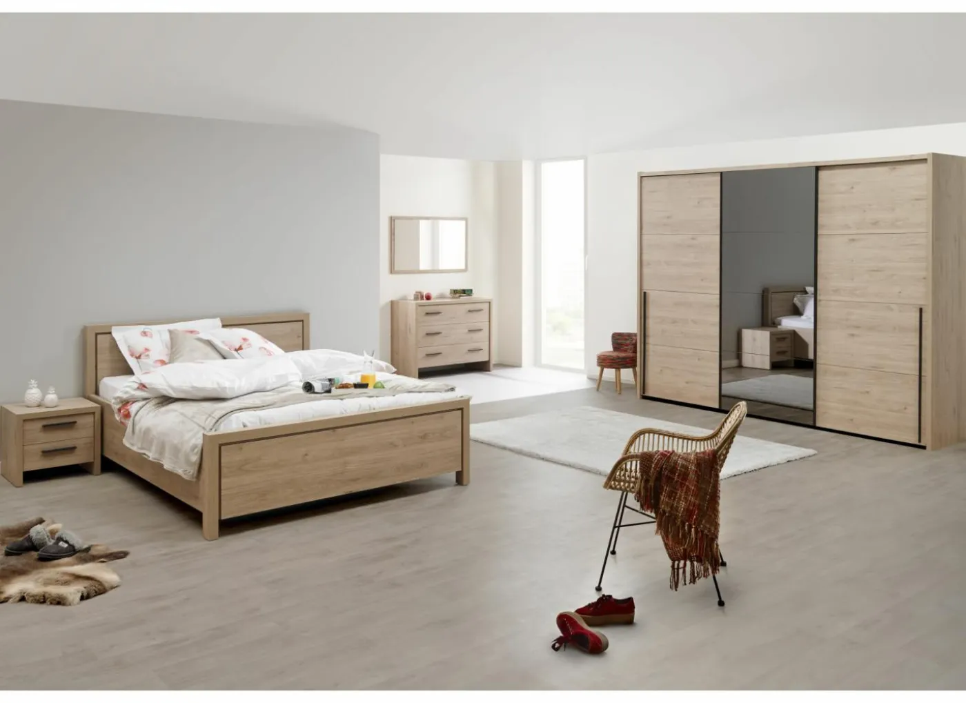 Slaapkamer met bed 140x200cm - kleerkast 283cm - commode 110cm en 2 nachtkastjes