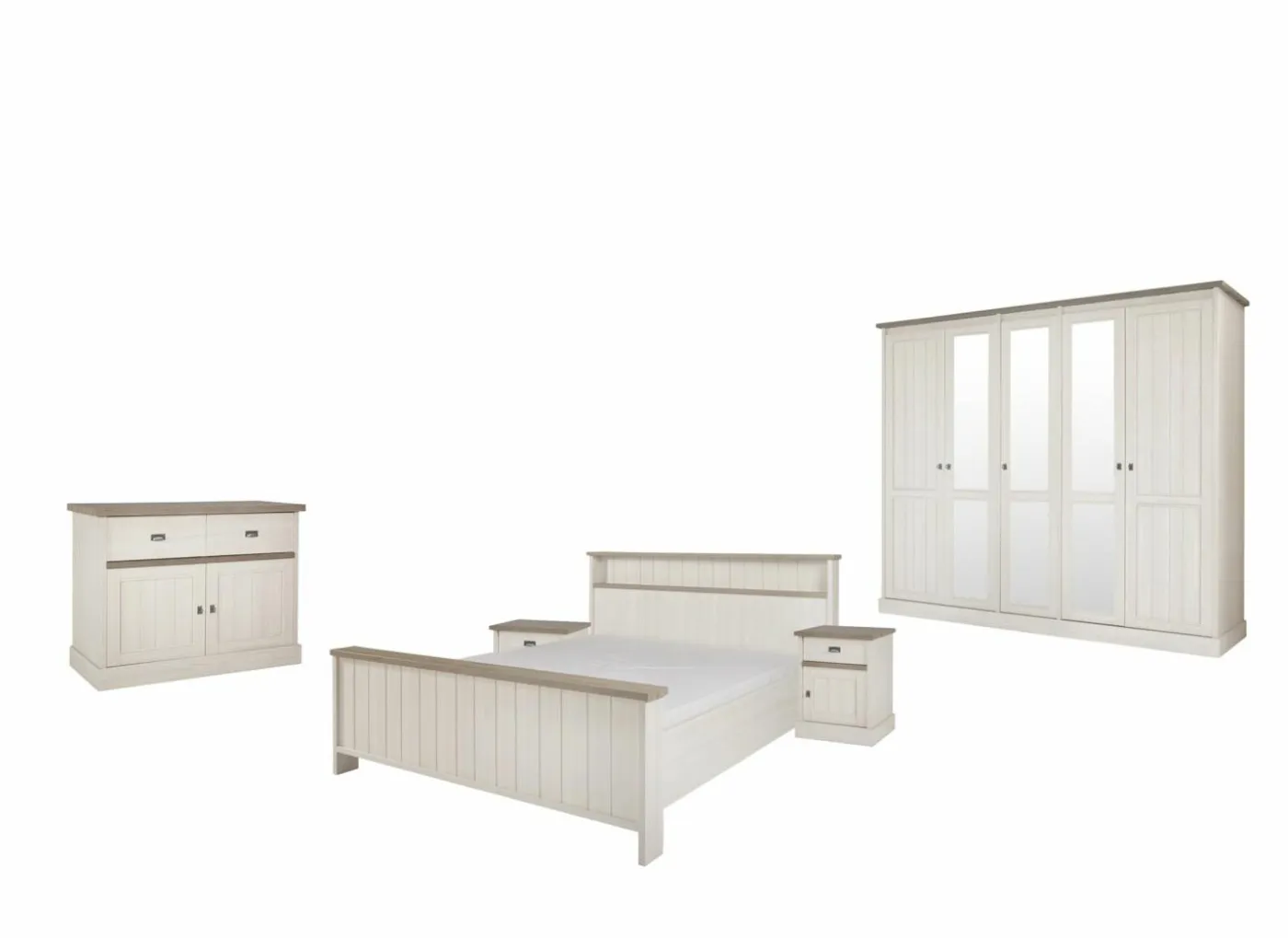 Slaapkamer met bed 140x200cm - kleerkast 259cm - commode 122cm en 2 nachtkastjes