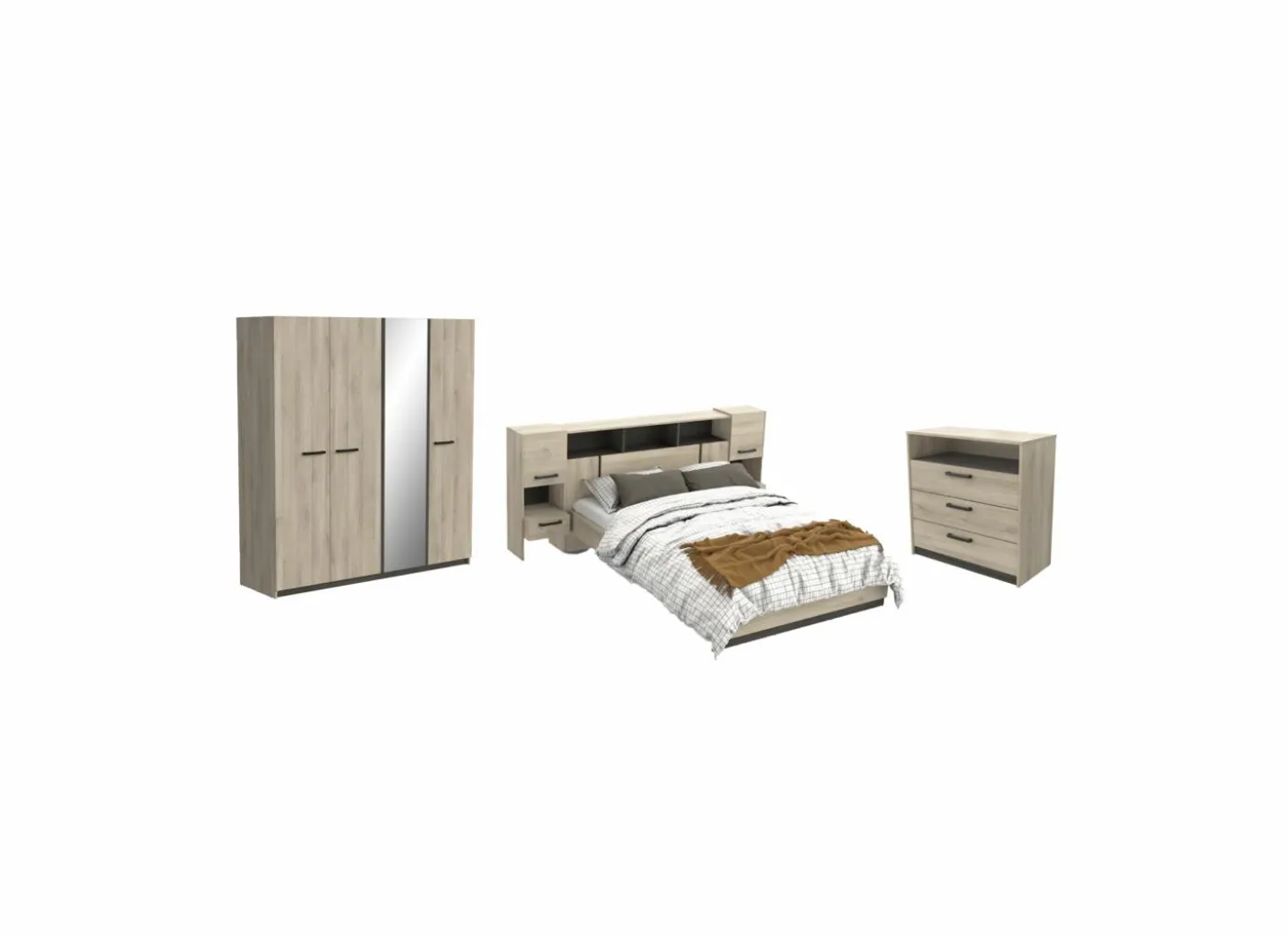 Slaapkamer Watson met bed 140x200cm - kleerkast 178cm - commode 83cm