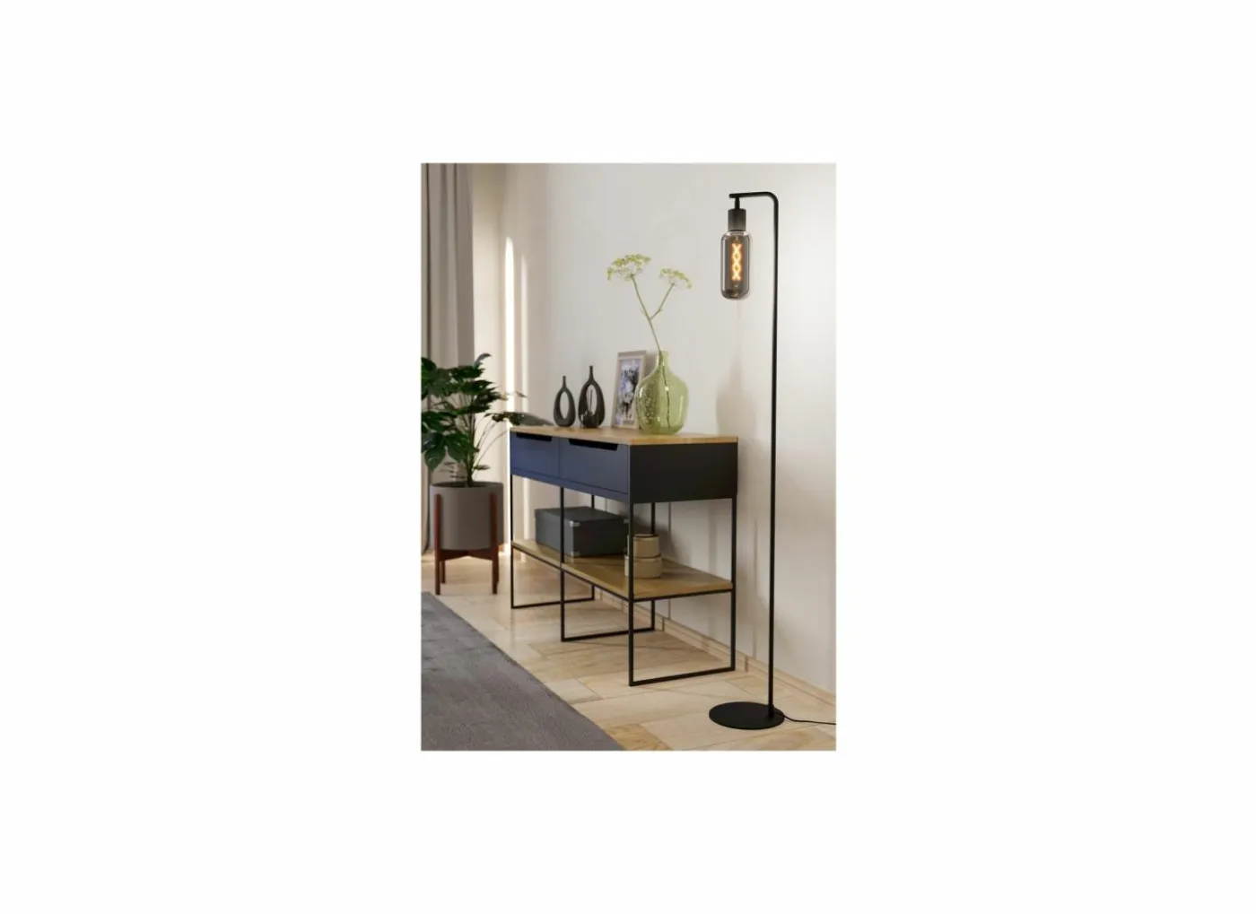 Staande lamp Maione H151cm E27 - staal & glas - zwart & grijs