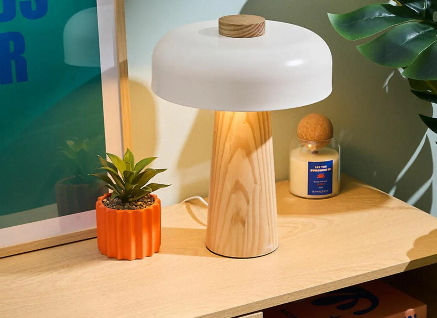 Tafellamp Champignon Pola H35cm E27 - hevea & staal - wit & naturel