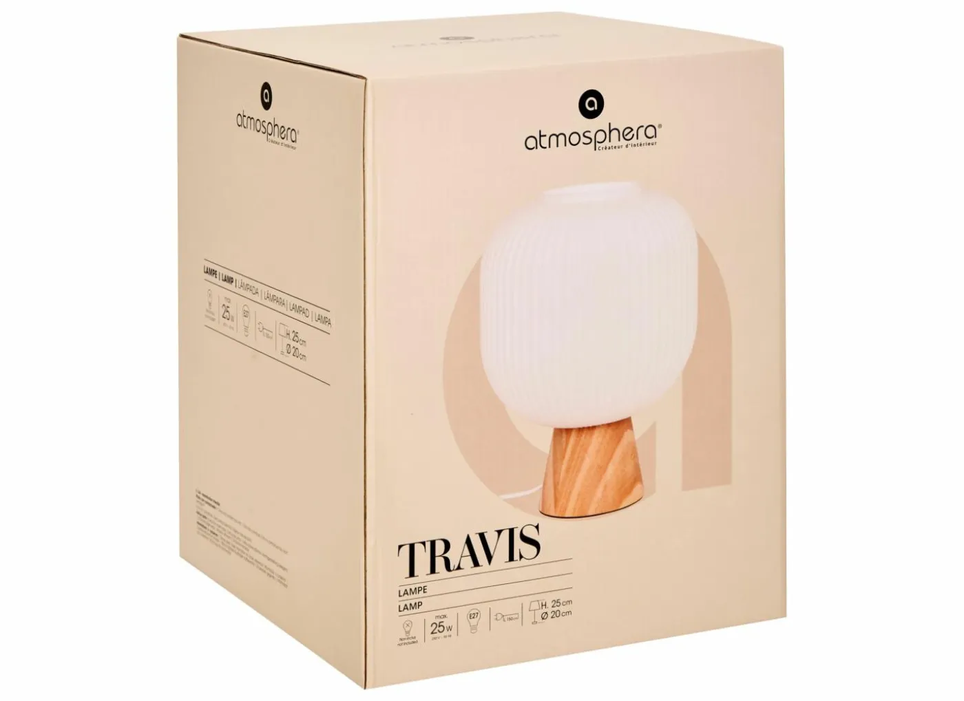 Tafellamp Travis Ø20xH25cm - glas & dennenhout - wit & naturel