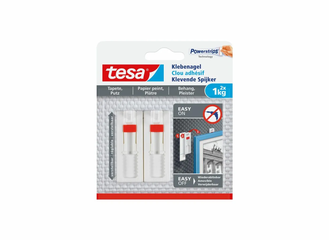 Verstelbare klevende spijker tesa 1kg, 2 stuks