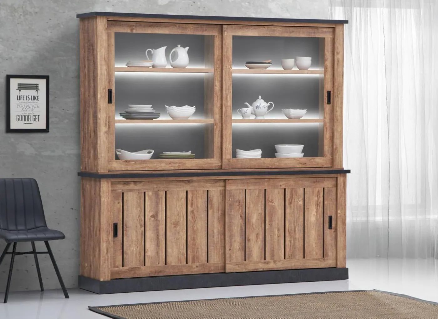 Vitrinekast Etienne 221cm - decor - zwart