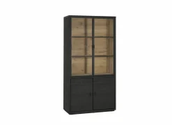 Vitrinekast Mauri 116,5cm - eik massief - zwart met verlichting