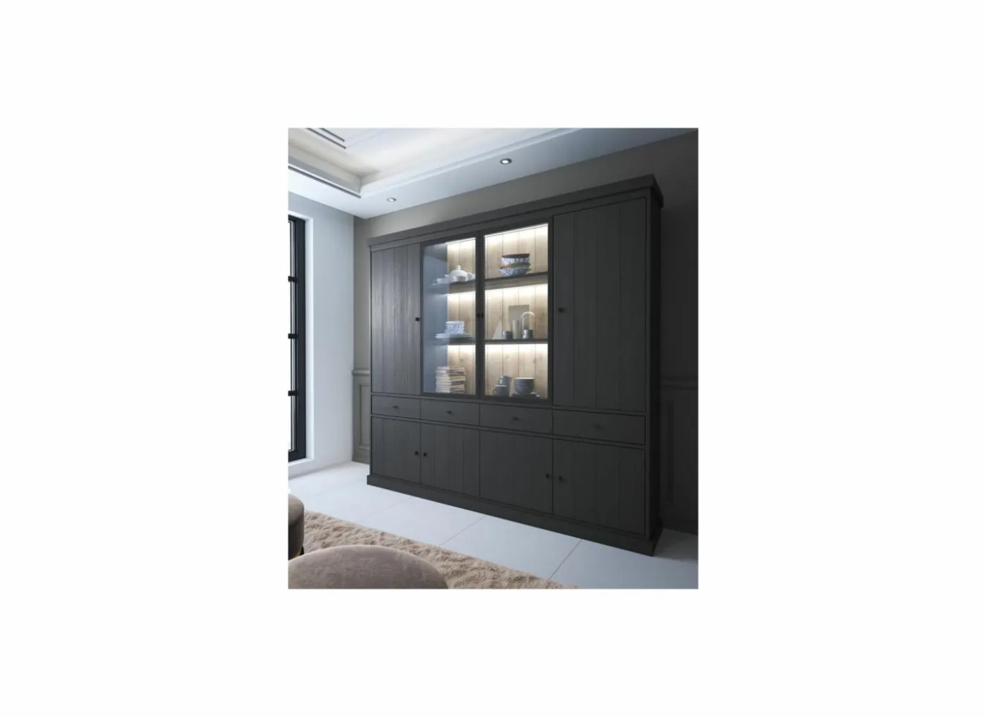 Vitrinekast Valencia 240cm - melamine - zwarte eik