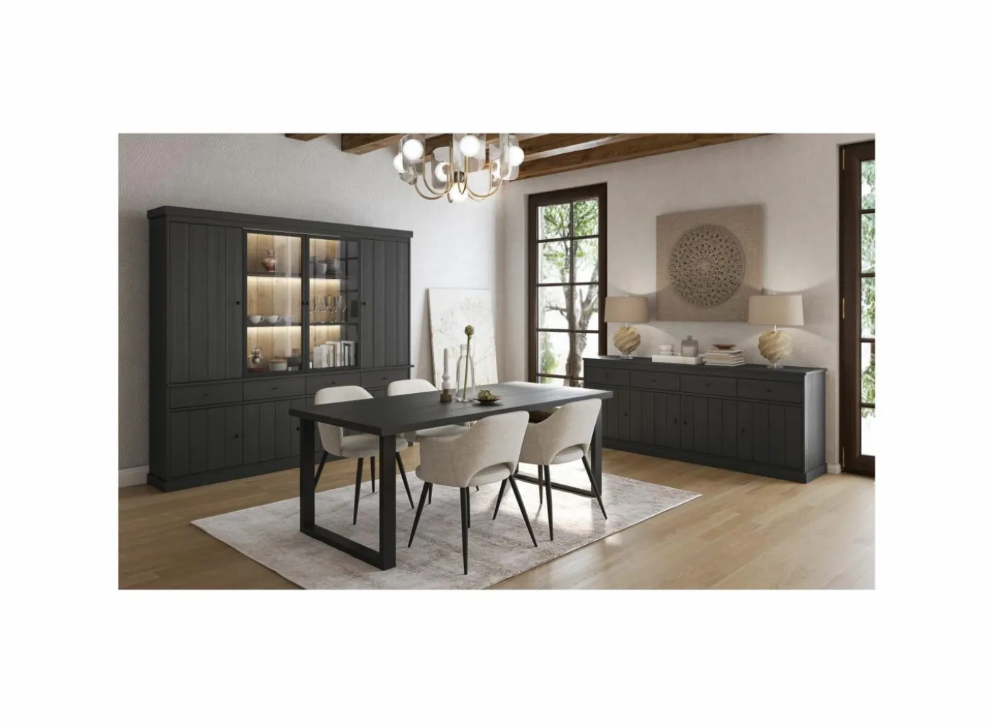 Vitrinekast Valencia 240cm - melamine - zwarte eik