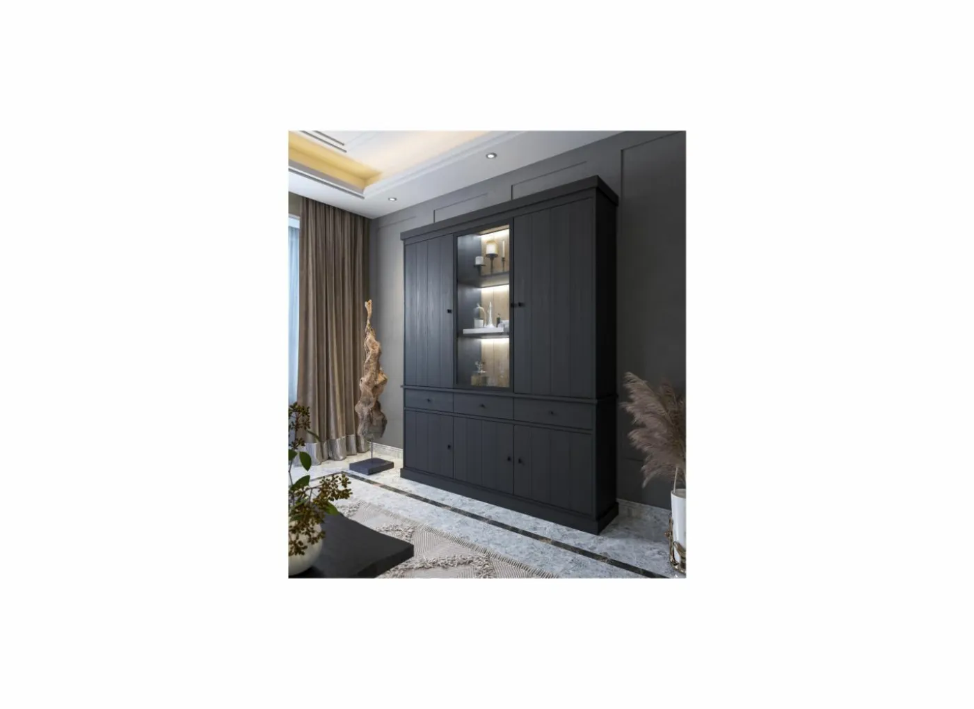 Vitrinekast Valencia 182cm - melamine - zwarte eik
